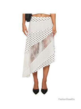 Lace Patchwork Maxi Skirt Asymmetrical Hem Flowy Midi Skirt